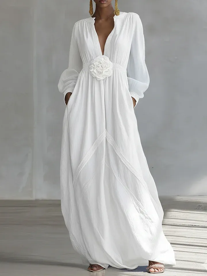 Elegant White Maxi Dress for Women with V Neck Lantern Sleeve Floral Applique Flowing Style