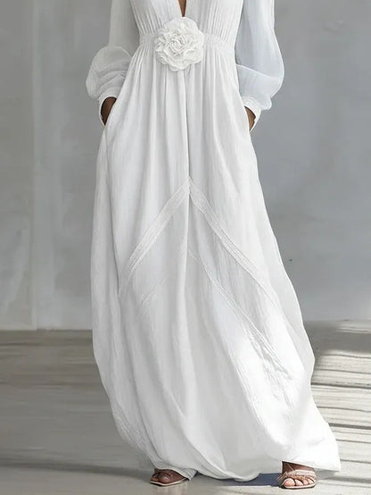 Elegant White Maxi Dress for Women with V Neck Lantern Sleeve Floral Applique Flowing Style