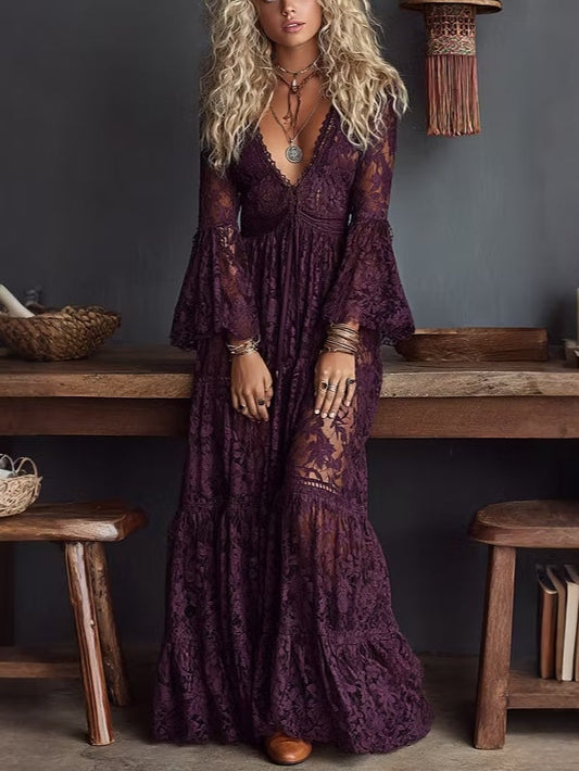 Effortless Purple Lace Maxi Dress for Women with V Neck Bell Sleeve Tiered Ruffle Bohemian Style