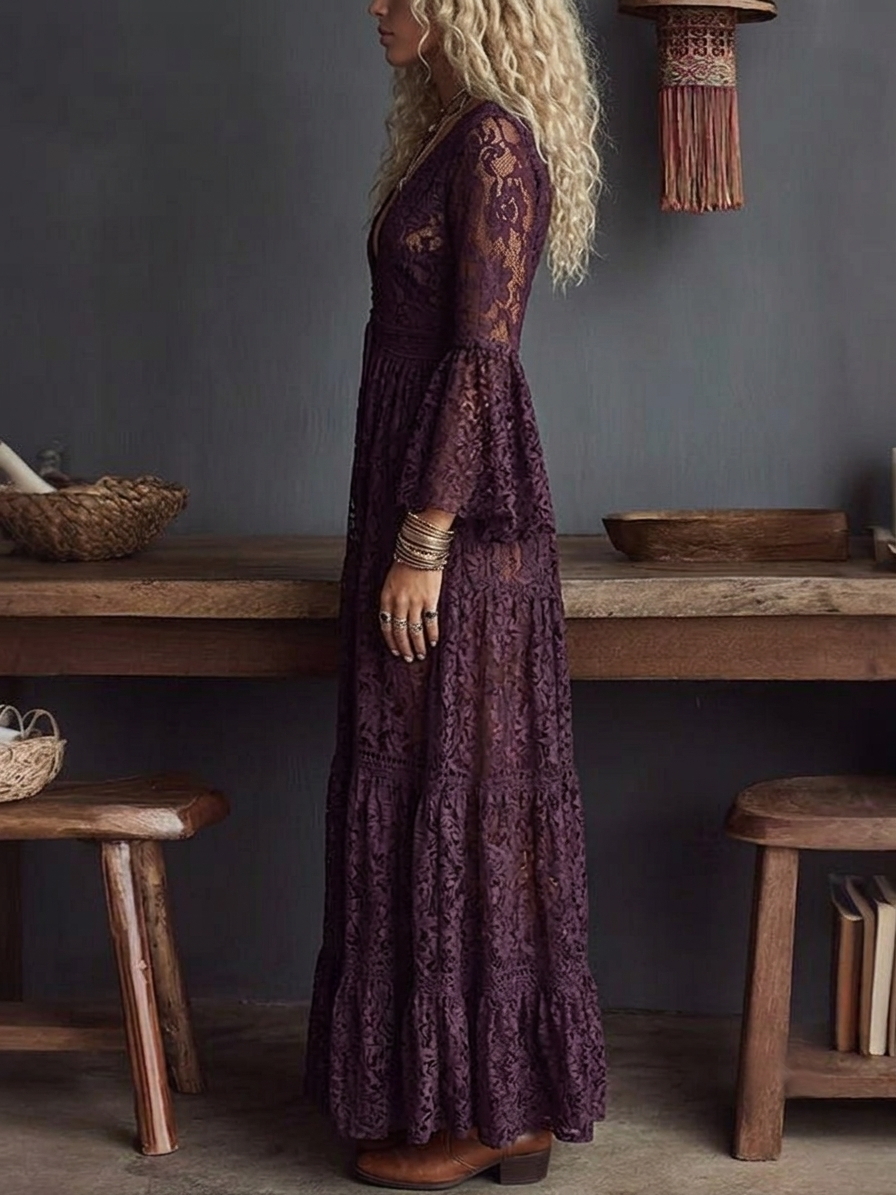 Effortless Purple Lace Maxi Dress for Women with V Neck Bell Sleeve Tiered Ruffle Bohemian Style