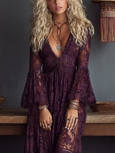 Effortless Purple Lace Maxi Dress for Women with V Neck Bell Sleeve Tiered Ruffle Bohemian Style