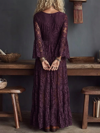 Effortless Purple Lace Maxi Dress for Women with V Neck Bell Sleeve Tiered Ruffle Bohemian Style