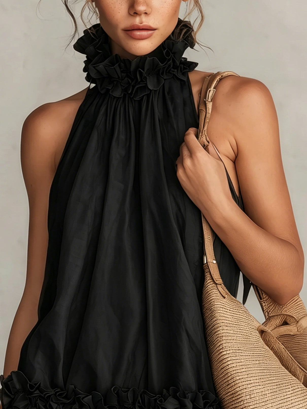 Elegant Black Organza Mini Dress for Women with Ruffle High Neck Halter Tiered Hem Flowing Style