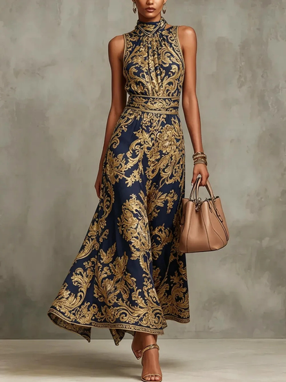 Elegant Navy Baroque Print Maxi Dress for Women with High Neck Sleeveless Ruched Flowing Wedding Guest Style