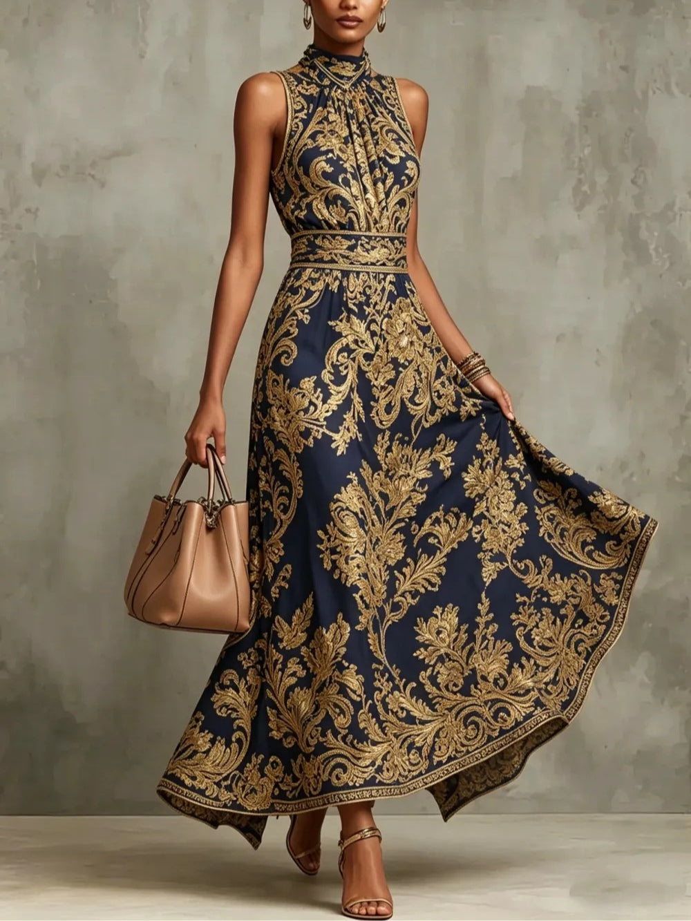 Elegant Navy Baroque Print Maxi Dress for Women with High Neck Sleeveless Ruched Flowing Wedding Guest Style