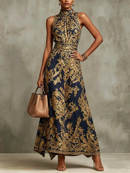 Elegant Navy Baroque Print Maxi Dress for Women with High Neck Sleeveless Ruched Flowing Wedding Guest Style