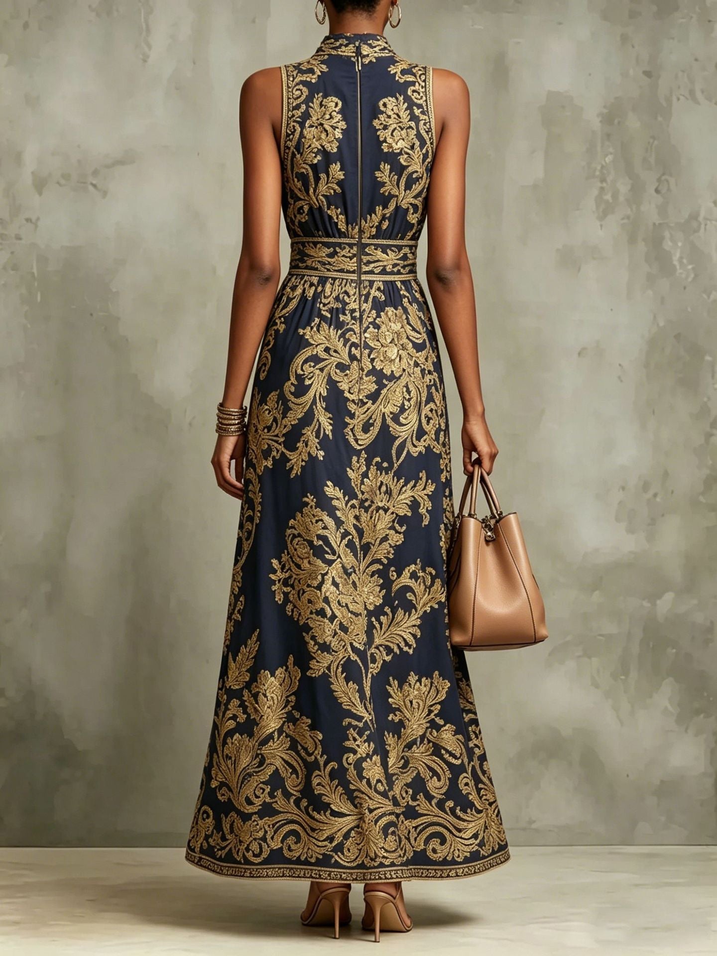Elegant Navy Baroque Print Maxi Dress for Women with High Neck Sleeveless Ruched Flowing Wedding Guest Style