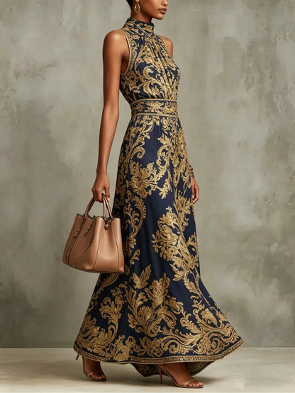 Elegant Navy Baroque Print Maxi Dress for Women with High Neck Sleeveless Ruched Flowing Wedding Guest Style