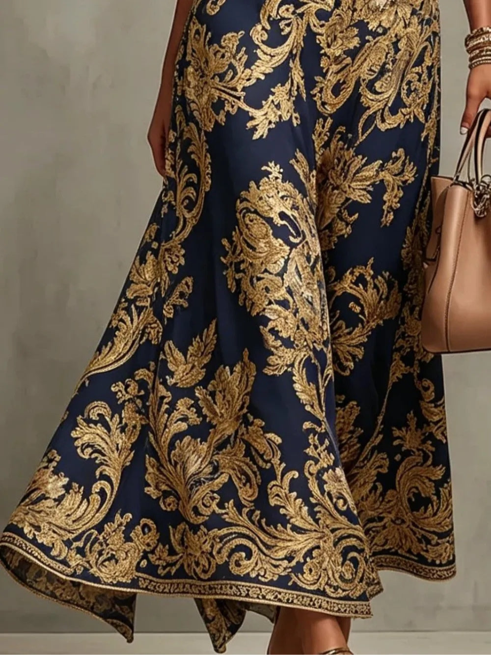 Elegant Navy Baroque Print Maxi Dress for Women with High Neck Sleeveless Ruched Flowing Wedding Guest Style