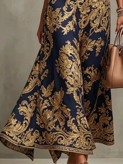 Elegant Navy Baroque Print Maxi Dress for Women with High Neck Sleeveless Ruched Flowing Wedding Guest Style