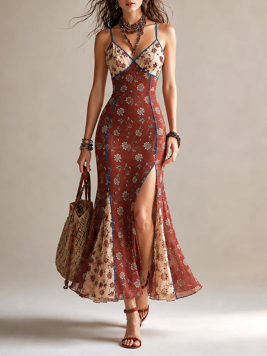 Elegant Rust Red Floral Maxi Dress for Women with V Neck Sleeveless High Slit Mermaid Bohemian Style