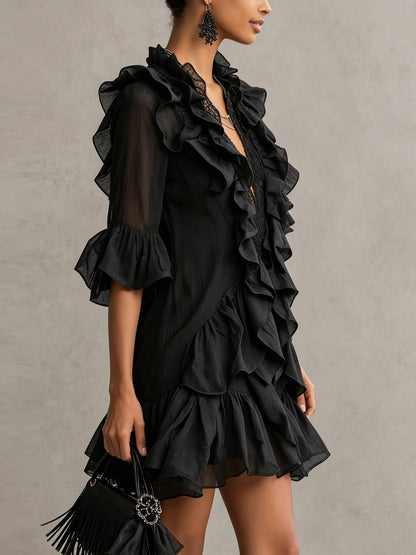 Elegant Black Ruffle Mini Dress for Women with V Neck Bell Sleeve Lace Trim Flowing Style