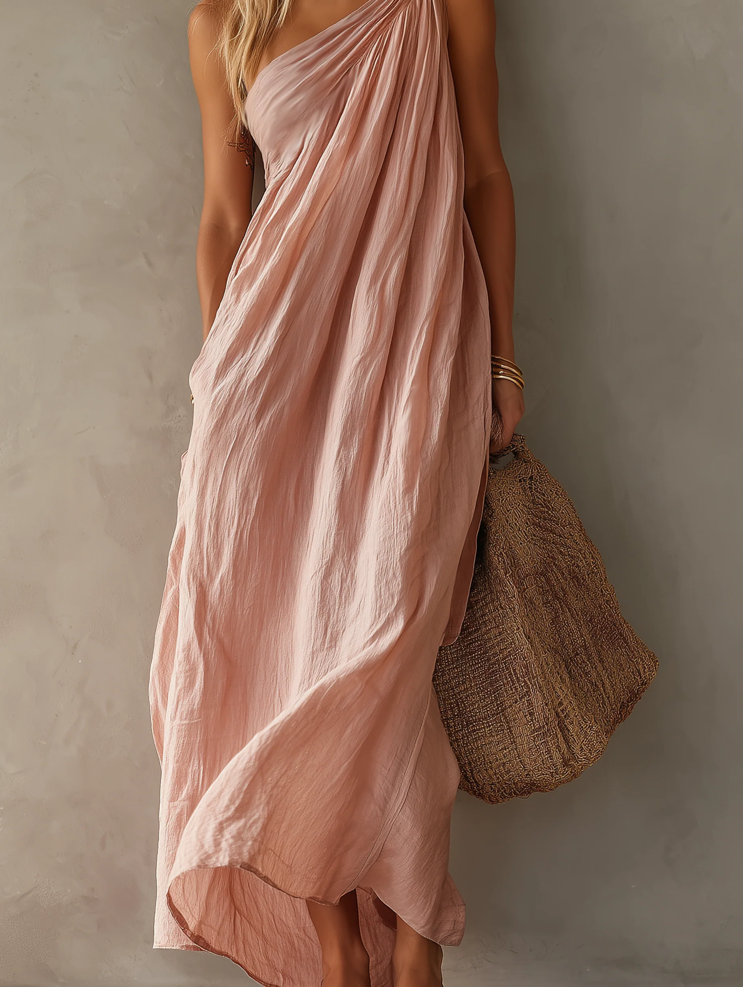Effortless Linen Maxi Dress for Women with One Shoulder Draped Ruched Flowing Bohemian Style