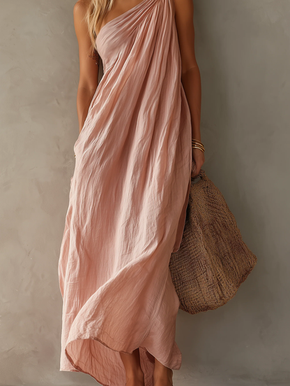 Effortless Linen Maxi Dress for Women with One Shoulder Draped Ruched Flowing Bohemian Style
