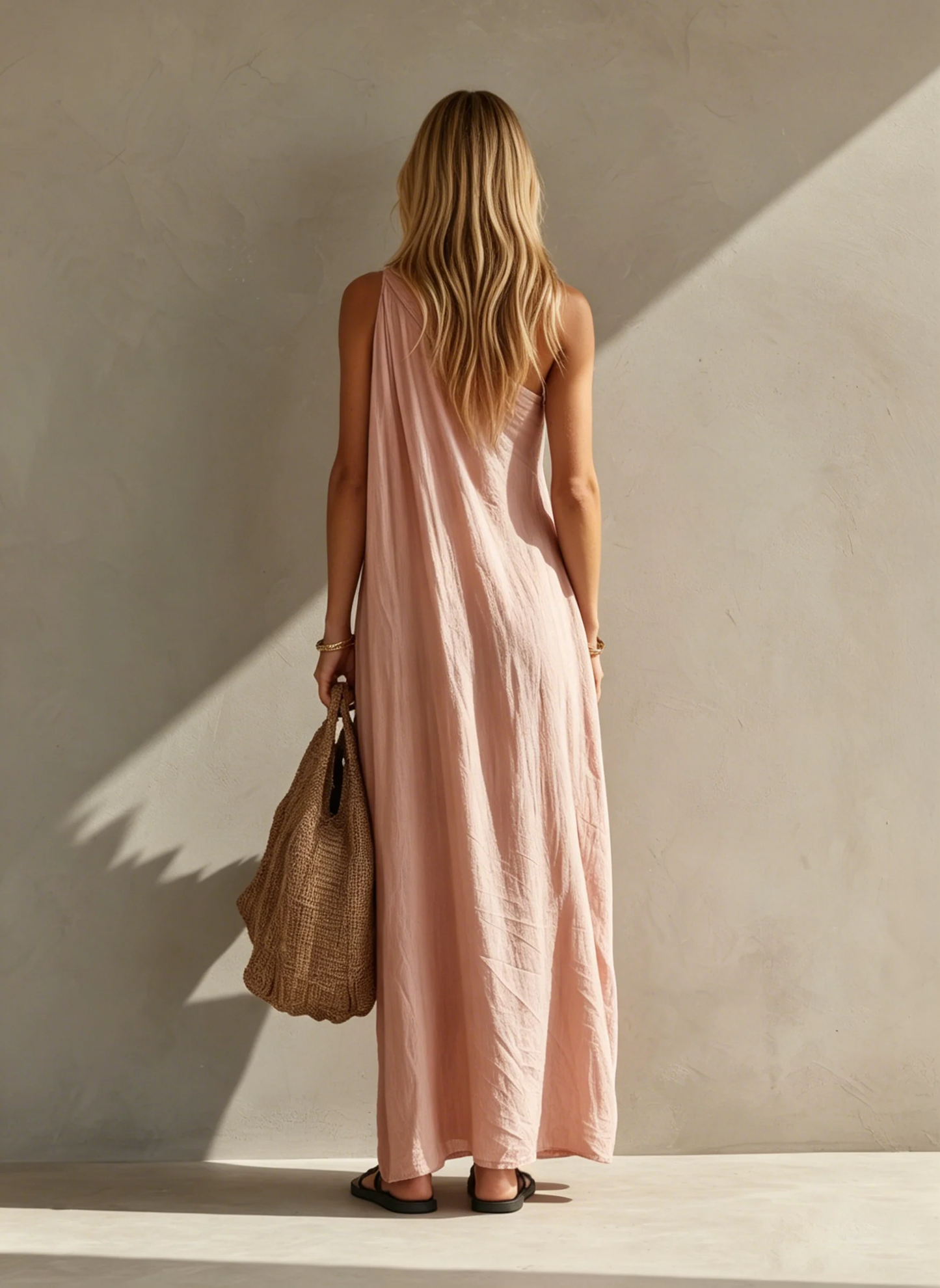 Effortless Linen Maxi Dress for Women with One Shoulder Draped Ruched Flowing Bohemian Style