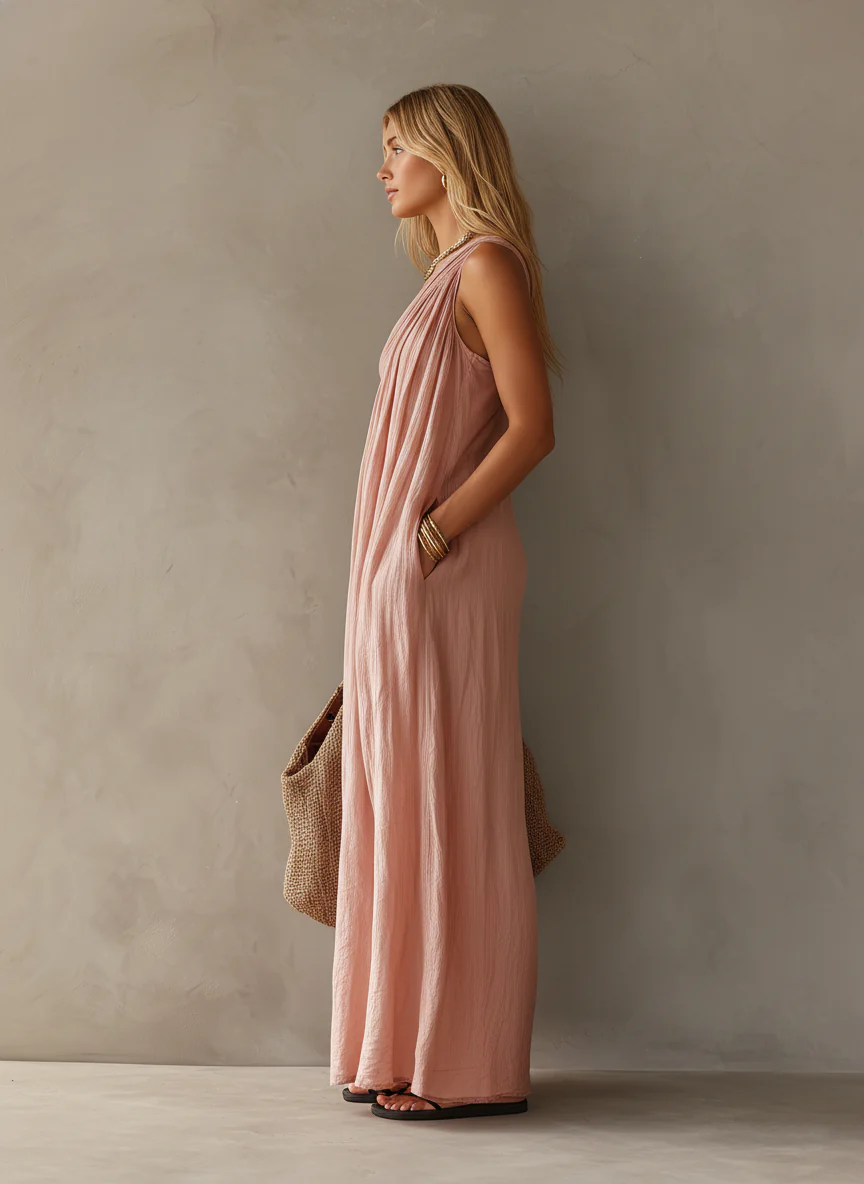 Effortless Linen Maxi Dress for Women with One Shoulder Draped Ruched Flowing Bohemian Style
