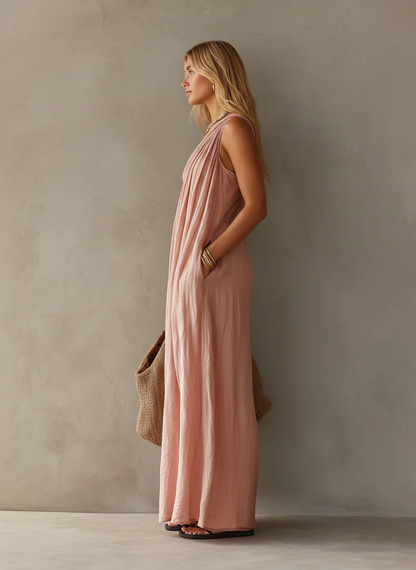 Effortless Linen Maxi Dress for Women with One Shoulder Draped Ruched Flowing Bohemian Style