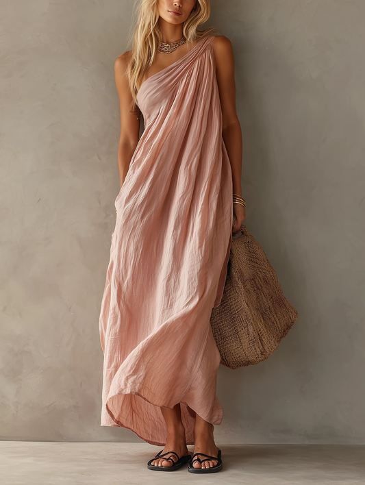 Effortless Linen Maxi Dress for Women with One Shoulder Draped Ruched Flowing Bohemian Style