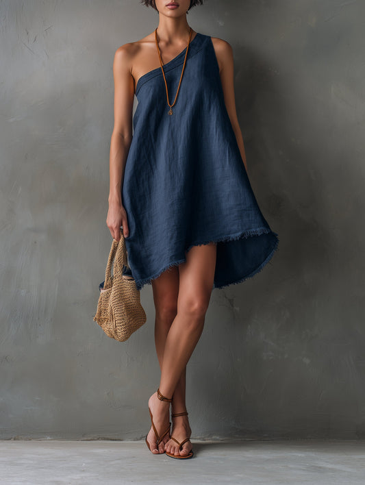 Effortless Navy Linen Mini Dress for Women with One Shoulder Sleeveless Asymmetric Frayed Hem Flowing Style