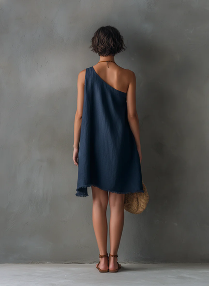 Effortless Navy Linen Mini Dress for Women with One Shoulder Sleeveless Asymmetric Frayed Hem Flowing Style