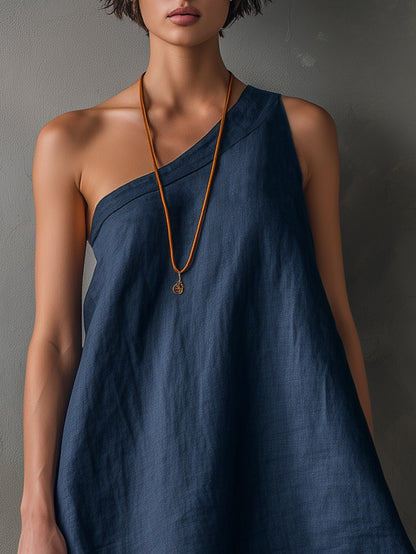 Effortless Navy Linen Mini Dress for Women with One Shoulder Sleeveless Asymmetric Frayed Hem Flowing Style