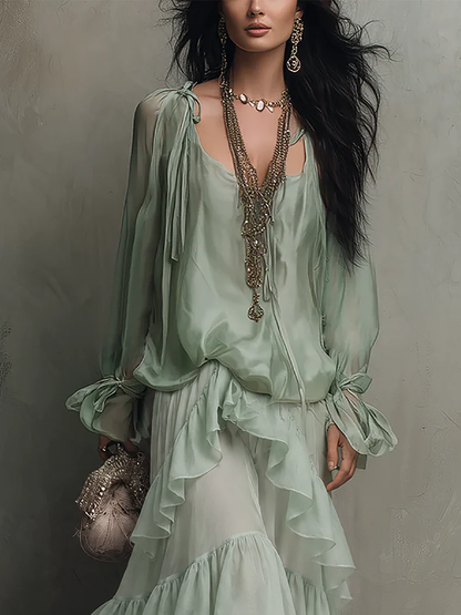 Effortless Mint Green Tiered Maxi Dress for Women with Scoop Neck Long Sleeve Ruffle Flowing Bohemian Style