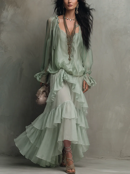 Effortless Mint Green Tiered Maxi Dress for Women with Scoop Neck Long Sleeve Ruffle Flowing Bohemian Style