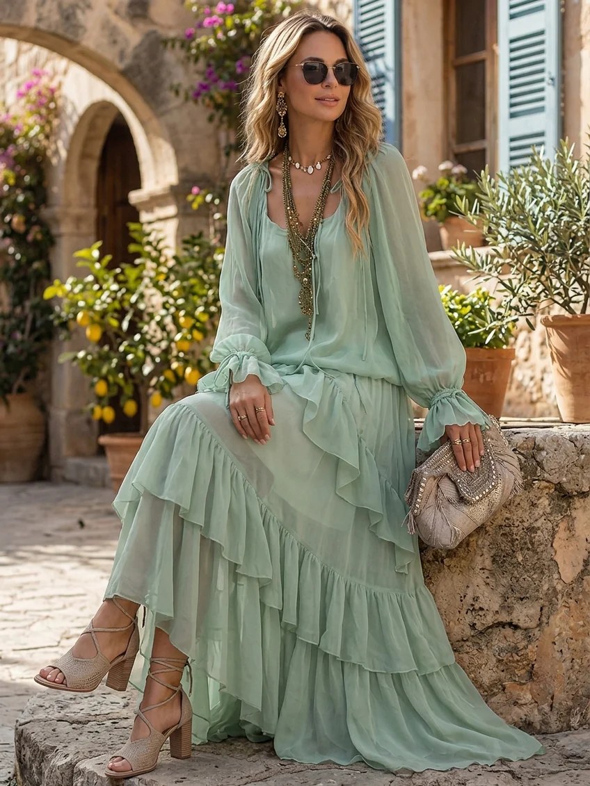 Effortless Mint Green Tiered Maxi Dress for Women with Scoop Neck Long Sleeve Ruffle Flowing Bohemian Style