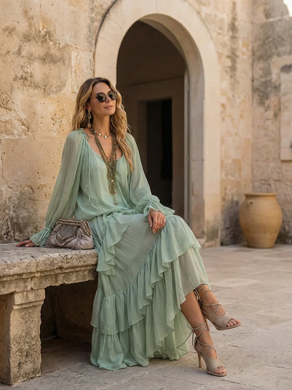 Effortless Mint Green Tiered Maxi Dress for Women with Scoop Neck Long Sleeve Ruffle Flowing Bohemian Style
