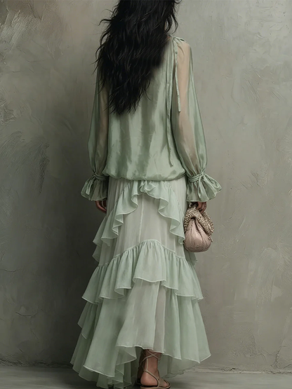 Effortless Mint Green Tiered Maxi Dress for Women with Scoop Neck Long Sleeve Ruffle Flowing Bohemian Style