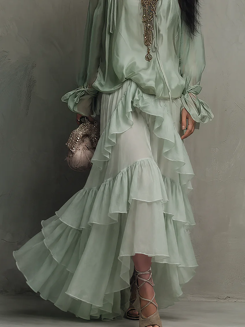 Effortless Mint Green Tiered Maxi Dress for Women with Scoop Neck Long Sleeve Ruffle Flowing Bohemian Style