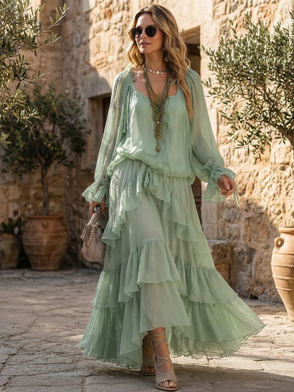 Effortless Mint Green Tiered Maxi Dress for Women with Scoop Neck Long Sleeve Ruffle Flowing Bohemian Style