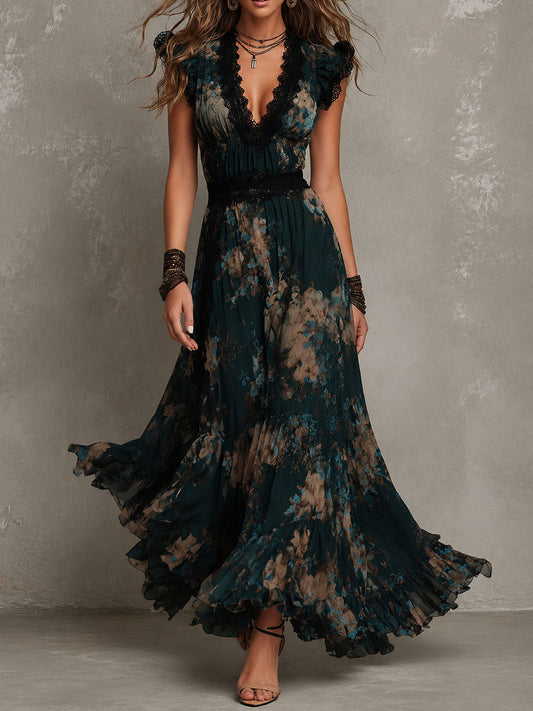 Effortless Dark Green Floral Maxi Dress for Women with Lace Trim V Neck Cap Sleeve Tiered Ruffle Bohemian Style