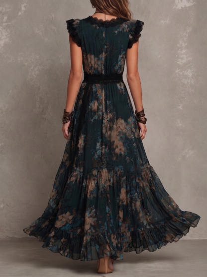 Effortless Dark Green Floral Maxi Dress for Women with Lace Trim V Neck Cap Sleeve Tiered Ruffle Bohemian Style