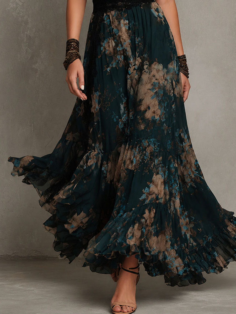 Effortless Dark Green Floral Maxi Dress for Women with Lace Trim V Neck Cap Sleeve Tiered Ruffle Bohemian Style