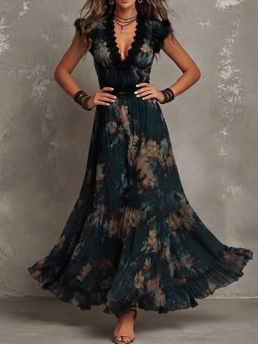 Effortless Dark Green Floral Maxi Dress for Women with Lace Trim V Neck Cap Sleeve Tiered Ruffle Bohemian Style