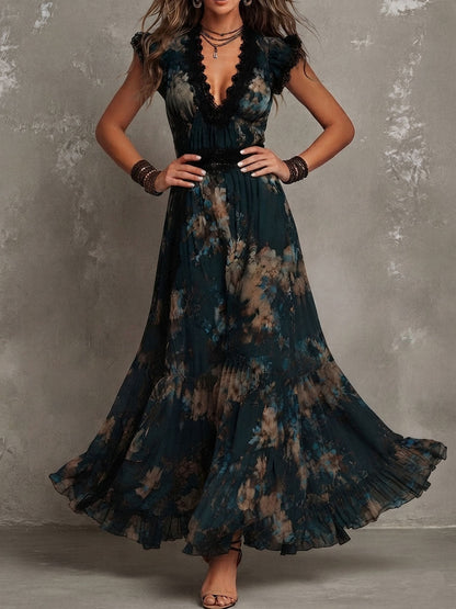 Effortless Dark Green Floral Maxi Dress for Women with Lace Trim V Neck Cap Sleeve Tiered Ruffle Bohemian Style