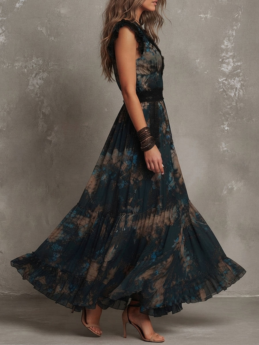 Effortless Dark Green Floral Maxi Dress for Women with Lace Trim V Neck Cap Sleeve Tiered Ruffle Bohemian Style