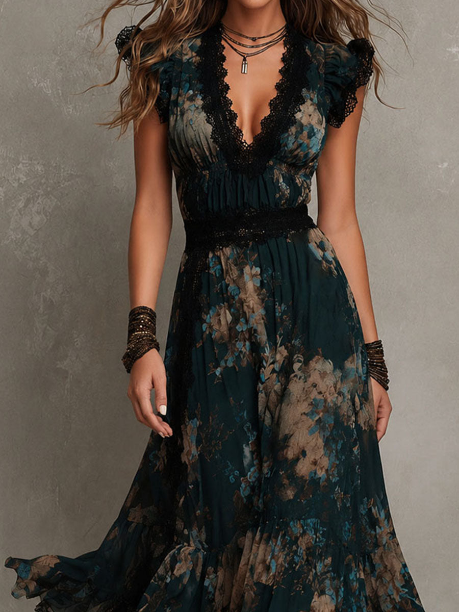 Effortless Dark Green Floral Maxi Dress for Women with Lace Trim V Neck Cap Sleeve Tiered Ruffle Bohemian Style