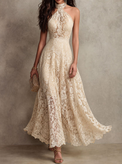Elegant Beige Lace Maxi Dress for Women with Halter Neck Sleeveless Flowing Wedding Guest Style