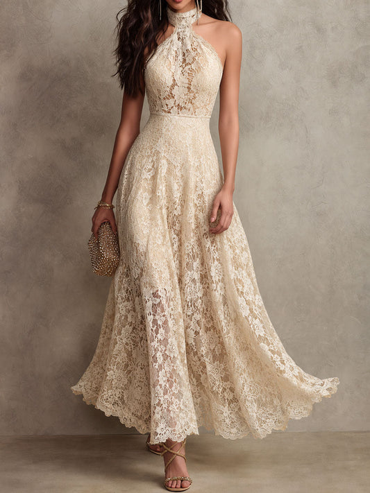 Elegant Beige Lace Maxi Dress for Women with Halter Neck Sleeveless Flowing Wedding Guest Style