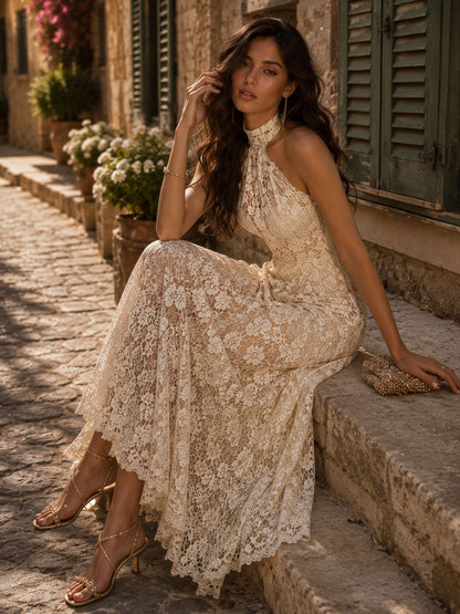 Elegant Beige Lace Maxi Dress for Women with Halter Neck Sleeveless Flowing Wedding Guest Style