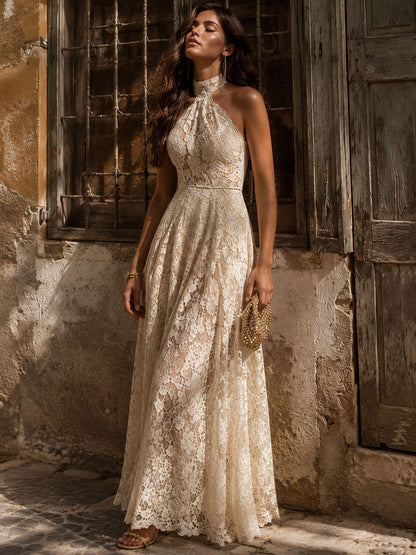 Elegant Beige Lace Maxi Dress for Women with Halter Neck Sleeveless Flowing Wedding Guest Style