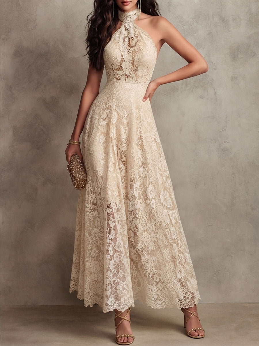 Elegant Beige Lace Maxi Dress for Women with Halter Neck Sleeveless Flowing Wedding Guest Style