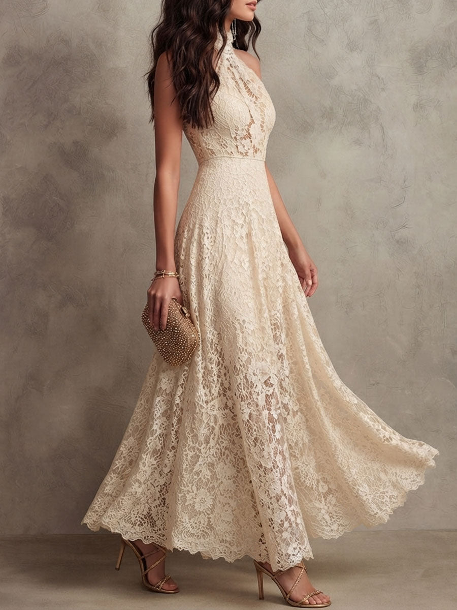 Elegant Beige Lace Maxi Dress for Women with Halter Neck Sleeveless Flowing Wedding Guest Style