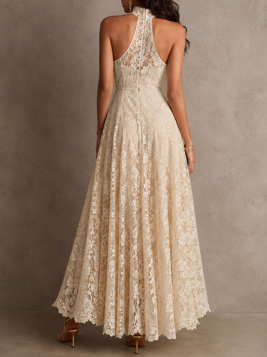 Elegant Beige Lace Maxi Dress for Women with Halter Neck Sleeveless Flowing Wedding Guest Style