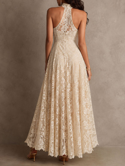 Elegant Beige Lace Maxi Dress for Women with Halter Neck Sleeveless Flowing Wedding Guest Style