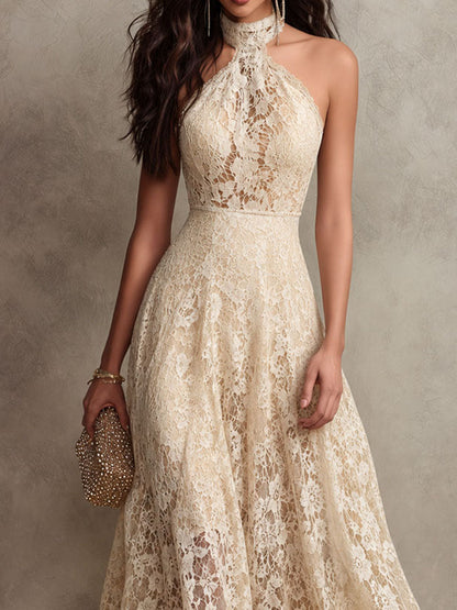 Elegant Beige Lace Maxi Dress for Women with Halter Neck Sleeveless Flowing Wedding Guest Style