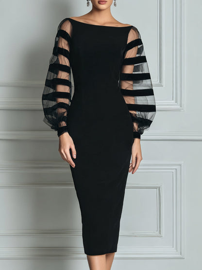 Elegant Black Midi Dress for Women with Boat Neck Balloon Sleeve Sheer Striped Bodycon Cocktail Style