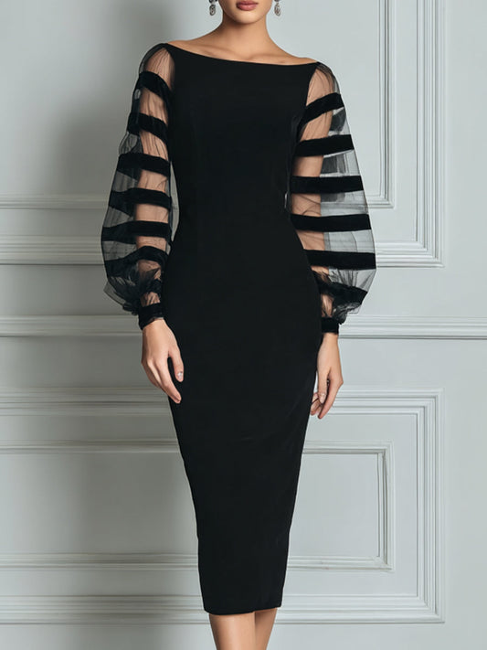 Elegant Black Midi Dress for Women with Boat Neck Balloon Sleeve Sheer Striped Bodycon Cocktail Style